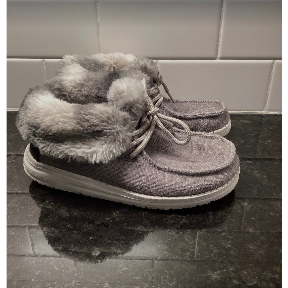 Hey Dude Kids Britt Britt Sneakers‎ Shoes Faux Fur Trim Comfort Casual Gray K12
